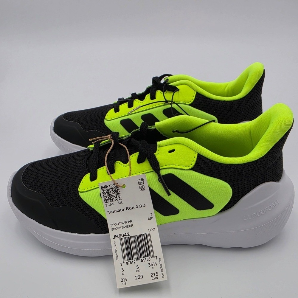 Adidas Tensaur Run 3.0 J Kids Running Shoes Black Lucid Lemon Size 3.5Y, NWOB